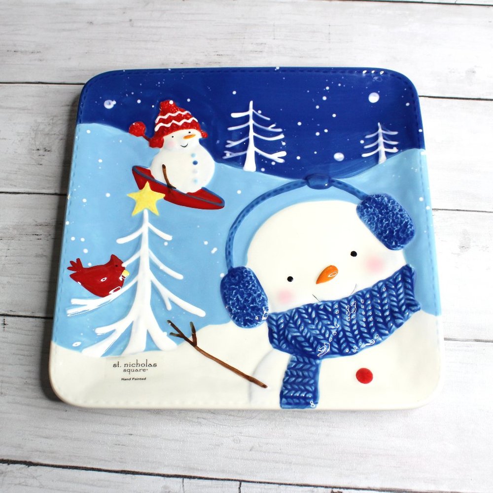 St. Nicholas Square Christmas Plate 9.25" Blue Snowman Red Cardinal
